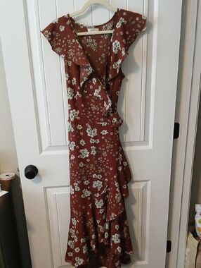 Max Studio Rust Floral Ruffle Maxi Dress
